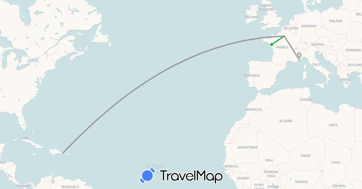 TravelMap itinerary: driving, bus, plane in Dominican Republic, France (Europe, North America)